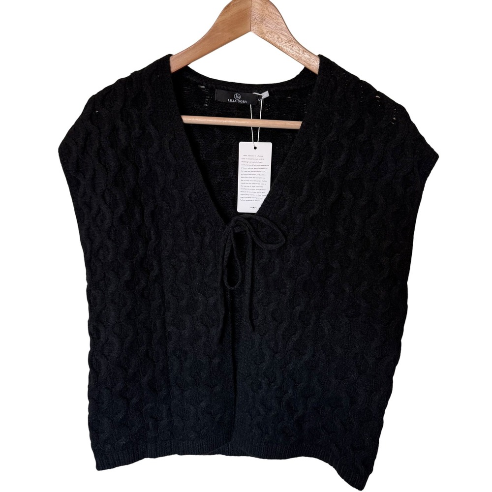 LILLUSORY Sweater Vest Women Small Black NEW Tie-Front Cable Knit AW26SR01
